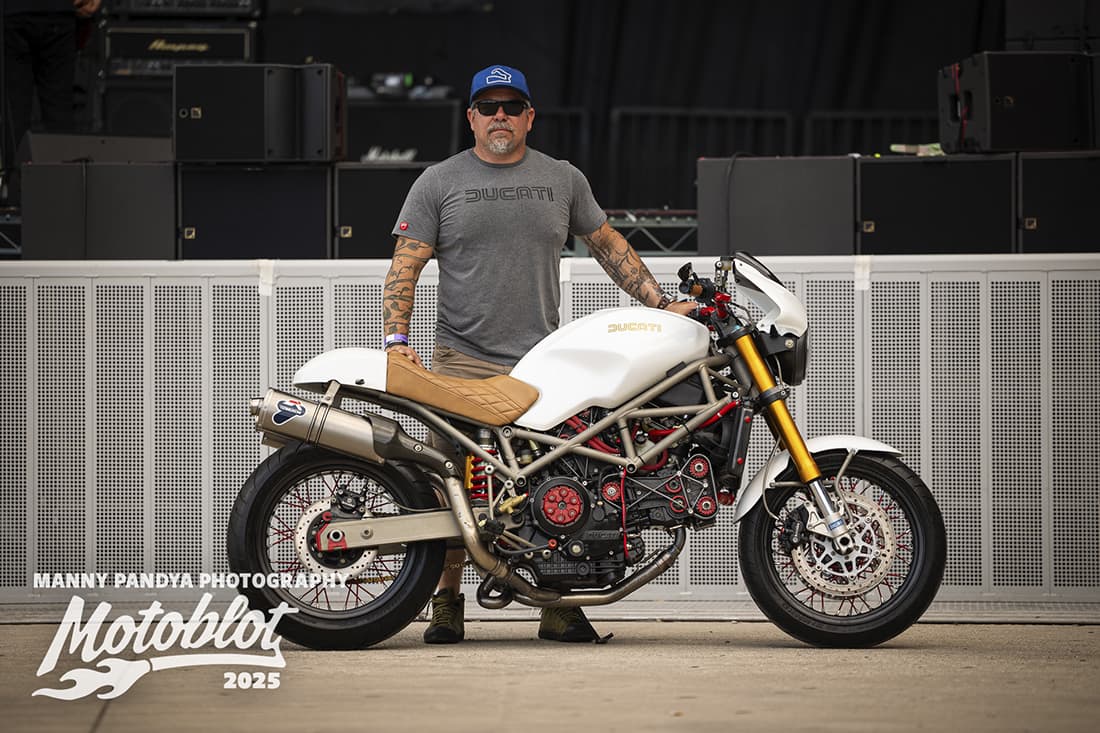 MOTOBLOT Valhalla finalist Ben Schattschneider poses with his entry, a 2001 Ducati Monster Stronza Bella