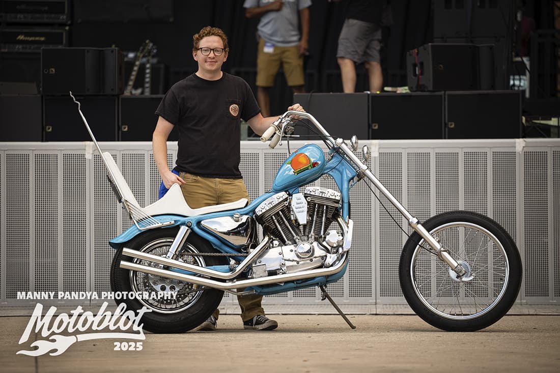 MOTOBLOT Valhalla finalist Caleb Swiney poses with his entry, an Allman Brothers Chopper