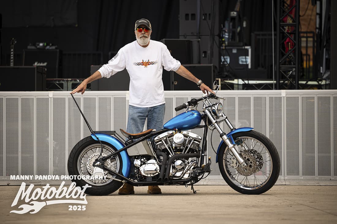 MOTOBLOT Valhalla finalist Kevin Snow poses with his entry, a Harley-Davidson Chopper