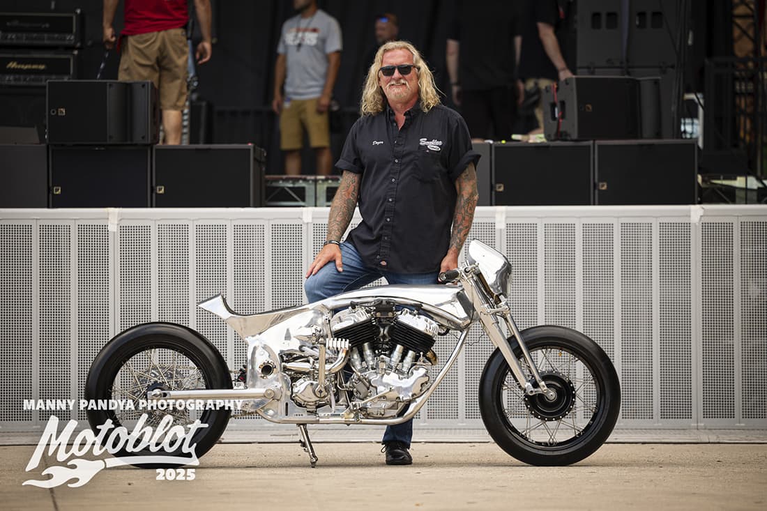 MOTOBLOT Valhalla finalist Rick Dozer poses with his entry, a 1937 Harley-Davidson Flathead