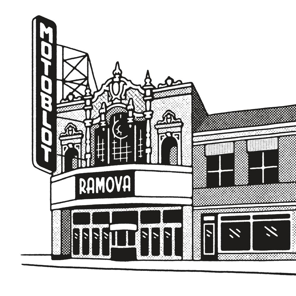 Black-and-white halftone illustration of the Ramova Theater facade with its ornate marquee, arched windows, and a tall vertical ‘Motoblot’ sign rising on the left.