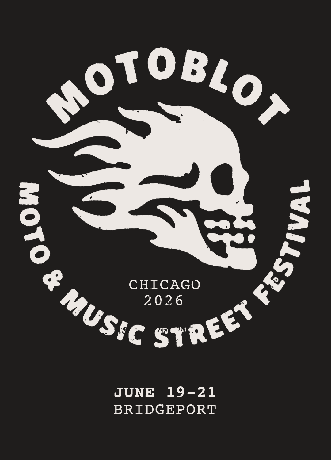 Animated graphic of a flaming skull logo with text reading MOTOBLOT Moto and Music Street Festival, June 19 to 21, Bridgeport, Chicago 2026