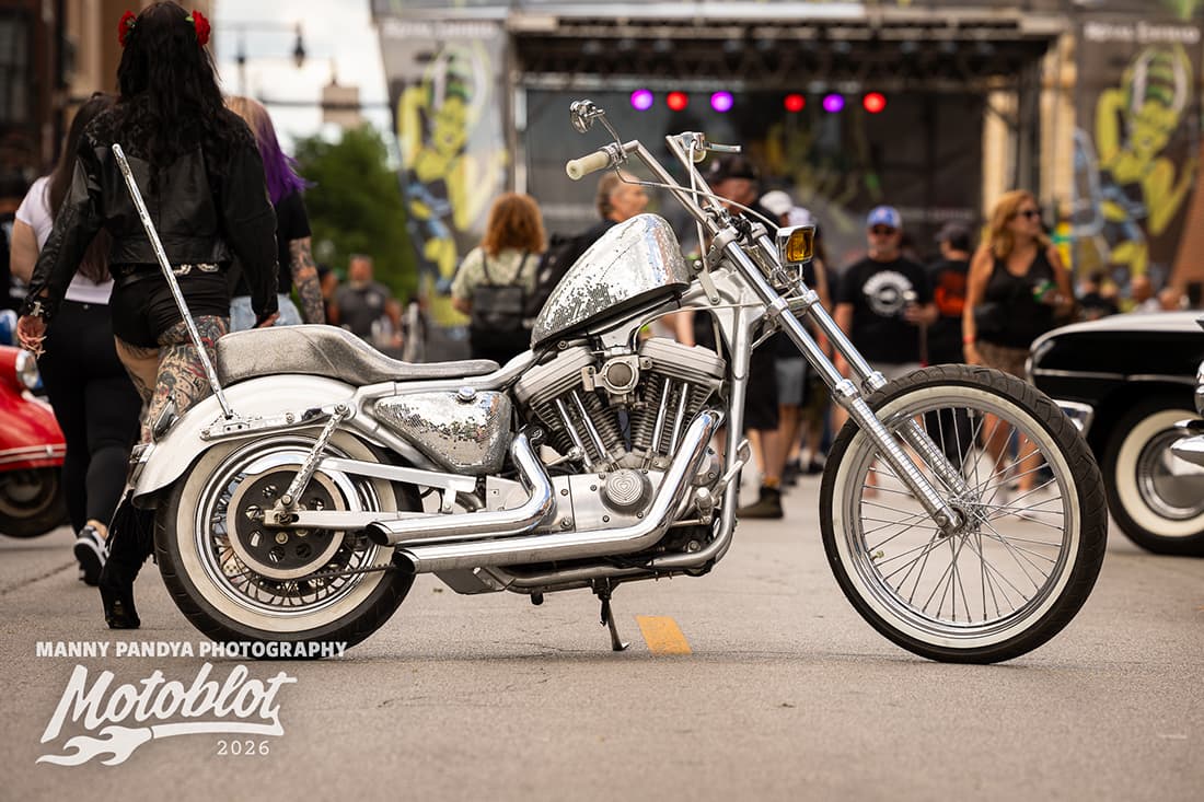 The Glitterus, Morgan Michelle’s winning 2001 Harley-Davidson Sportster, on display at MOTOBLOT Valhalla 2026.