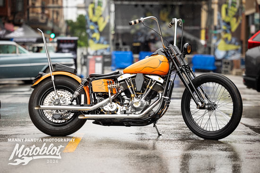 SEO Description: Ezra Ford’s orange flame-painted 1979 Harley-Davidson FXE, the second-place motorcycle at MOTOBLOT Valhalla 2026.