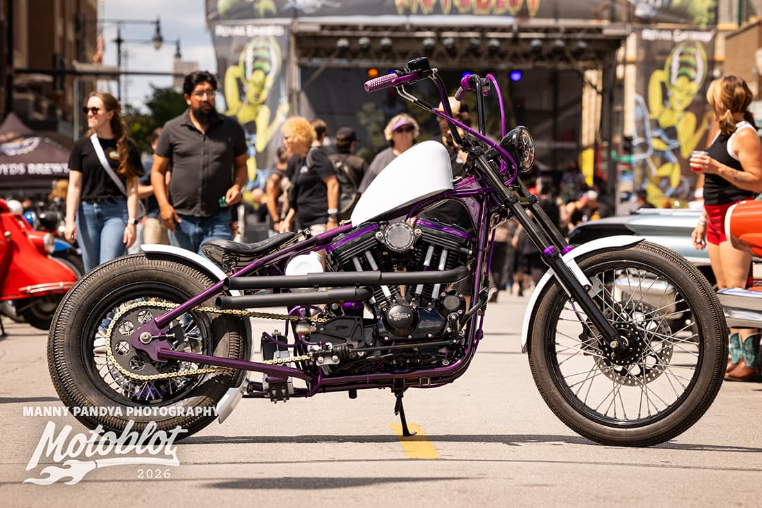 mt-2 Todd R. Bleecker’s purple-and-white 1990 Harley-Davidson 883 Hugger, the third-place motorcycle at MOTOBLOT Valhalla 2026.