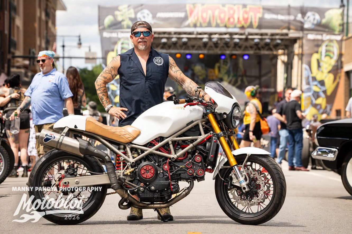 MOTOBLOT Valhalla 2026 finalist Ben Schattschneider poses with his entry, a 2001 Ducati Monster S4.