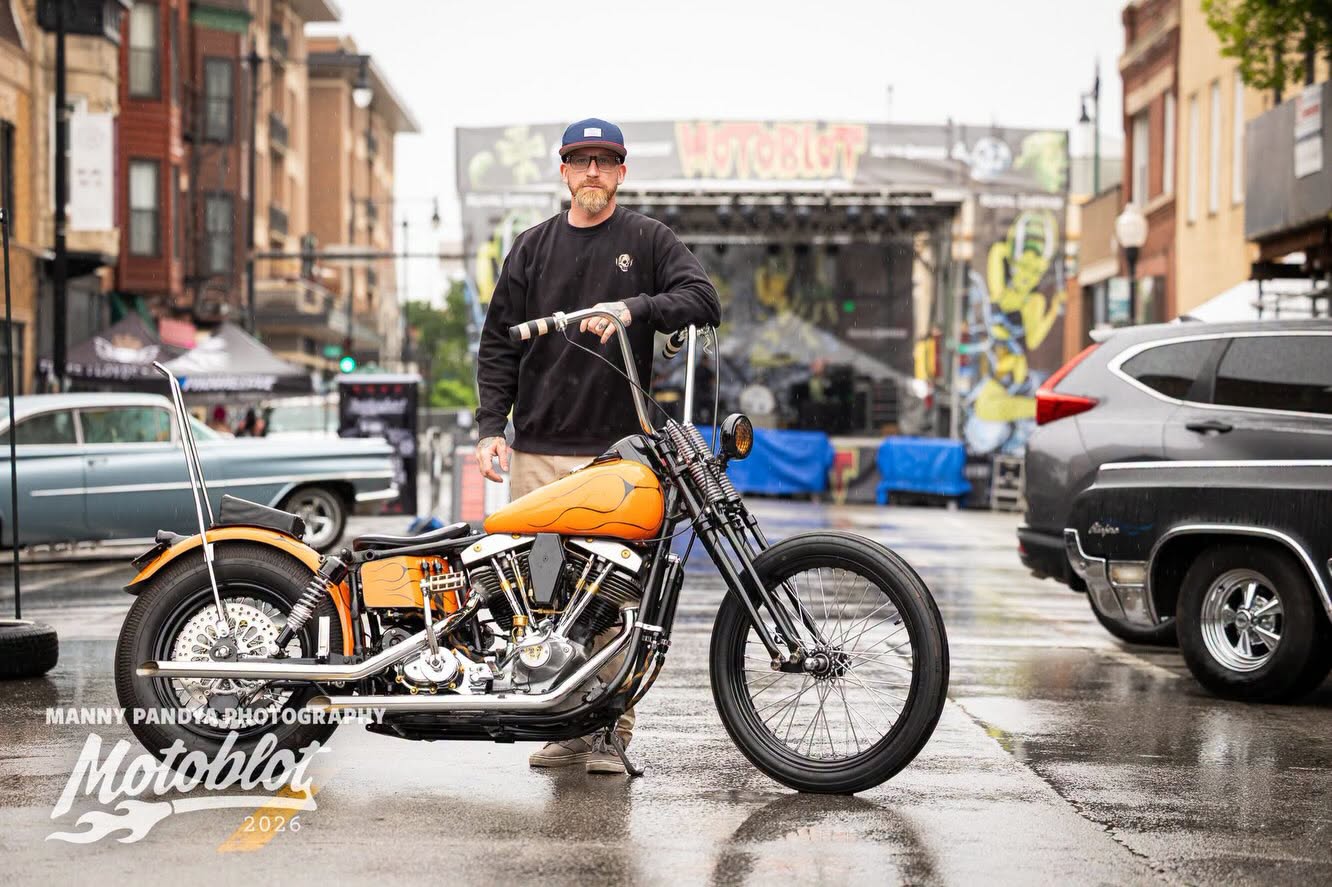 MOTOBLOT Valhalla 2026 second-place finisher Ezra Ford poses with his 1979 Harley-Davidson FXE.