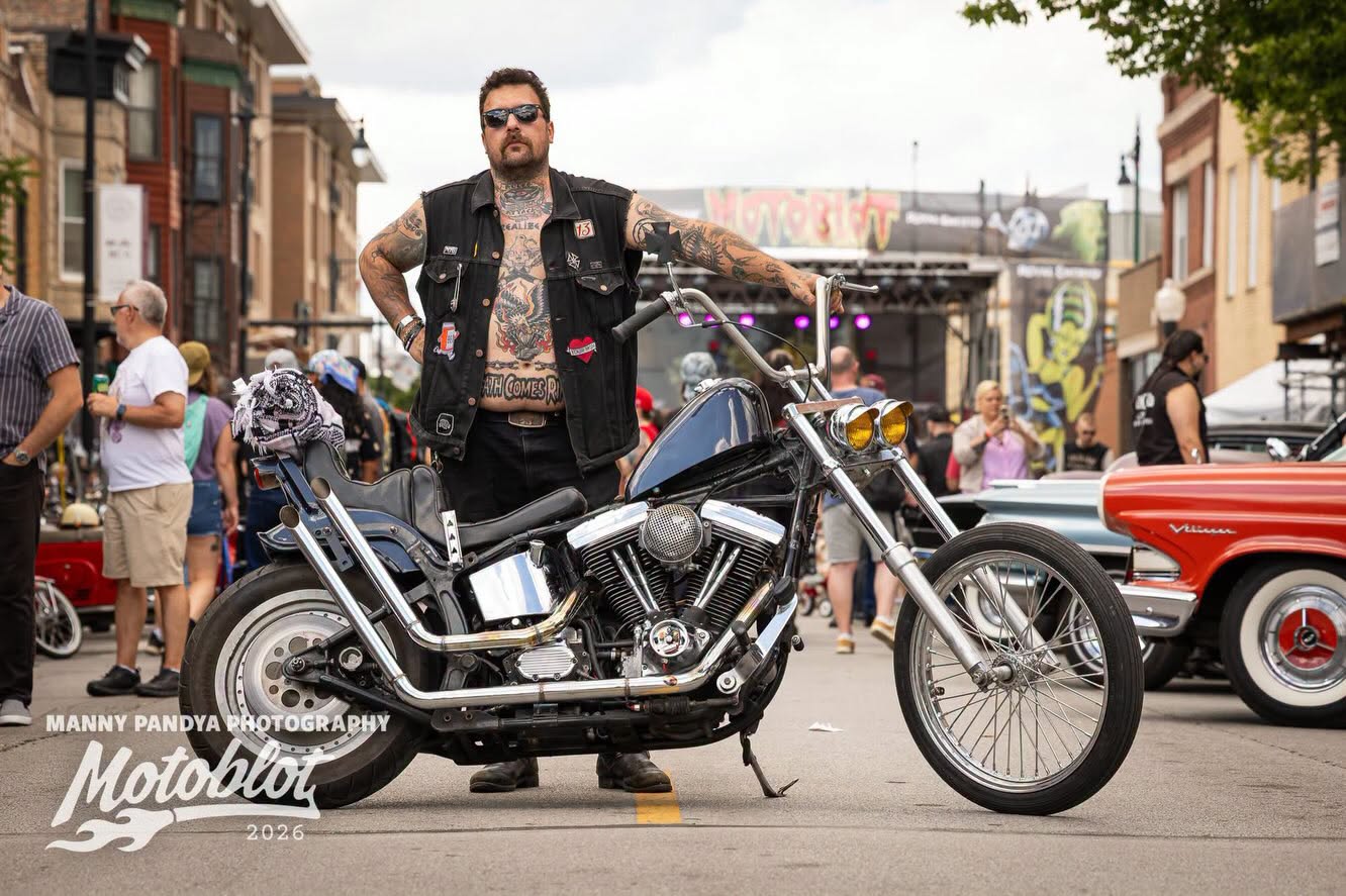 MOTOBLOT Valhalla 2026 finalist Mike Kay poses with his entry, a 1990 Harley-Davidson Softail.