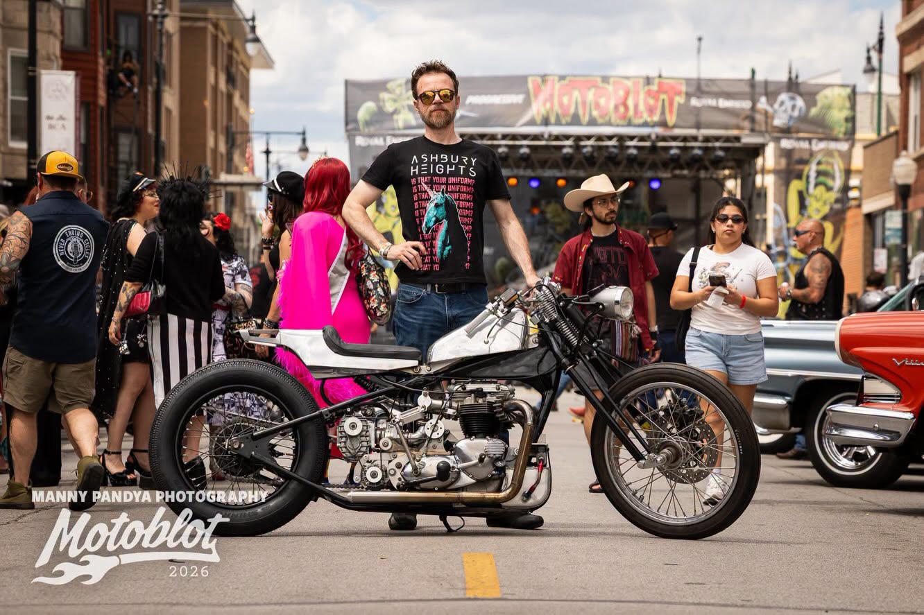 MOTOBLOT Valhalla 2026 finalist Todd Burdeinei poses with his entry, a supercharged Triumph 650.